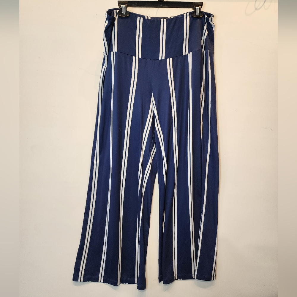 Navy Blue White Stripe Palazzo Pant Stretchy Wide Leg Easy Fit Pants Size XL New